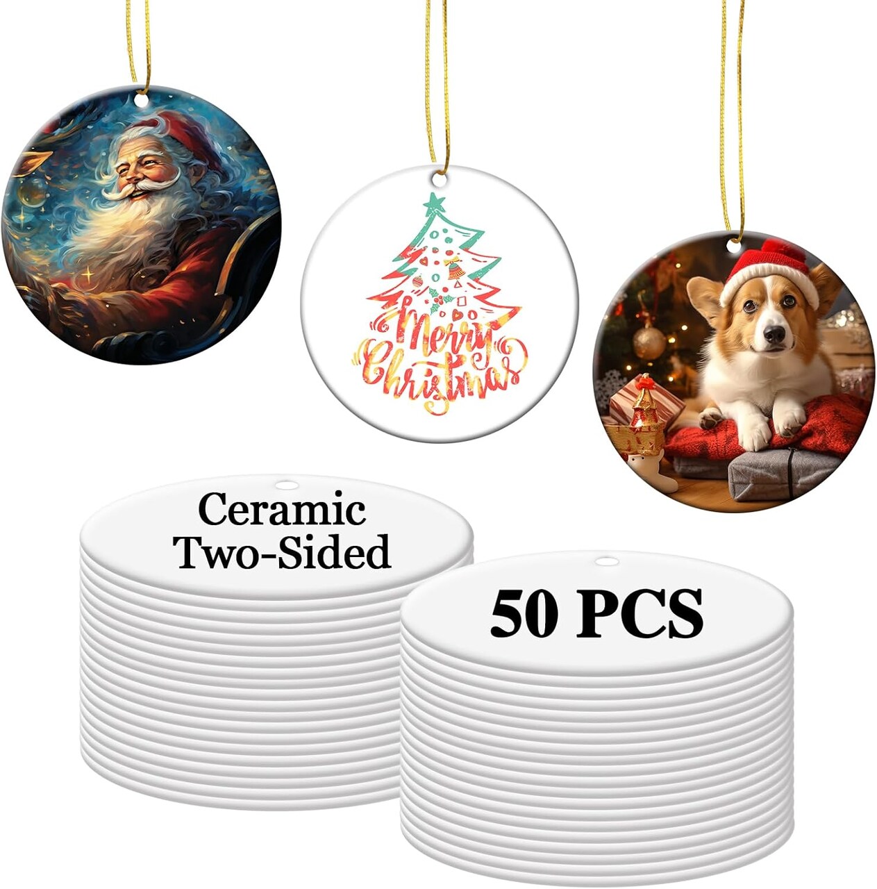 50 PCS Sublimation Ceramic Ornament Blanks – Round Two-Sided White Ceramic DIY Christmas Decorations